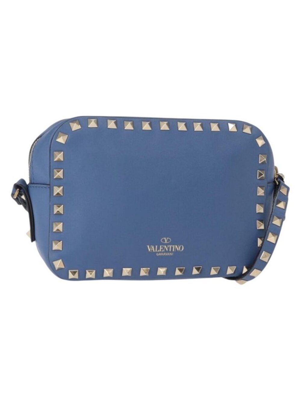 Authentic VALENTINO Studs Chain Shoulder Bag Leather Blue Gold